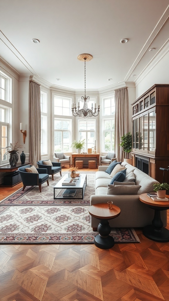A cozy living room featuring layered rugs, elegant furniture, and warm wooden floors.