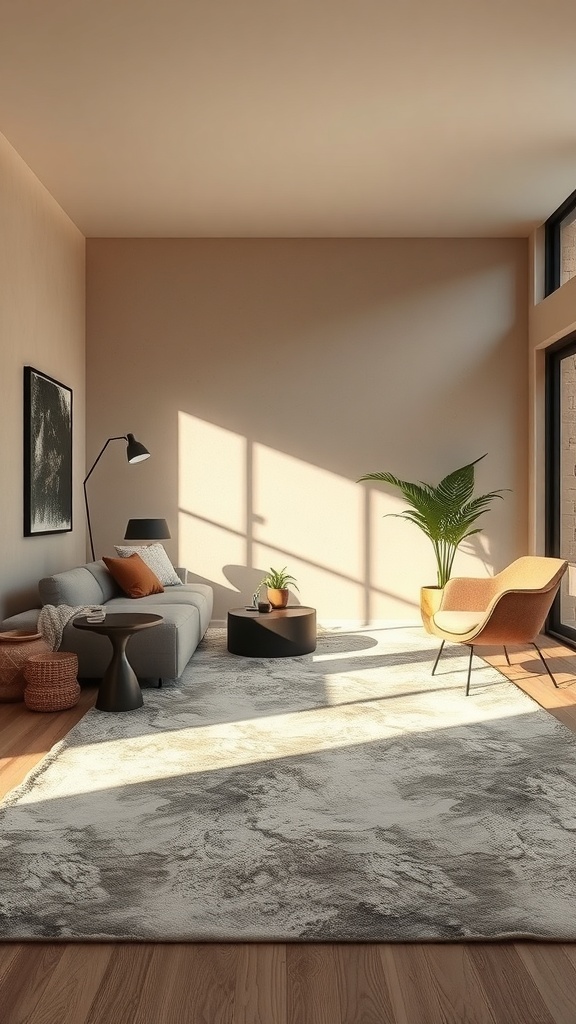 A cozy sunken lounge featuring layered rugs, a gray sofa, and soft lighting.