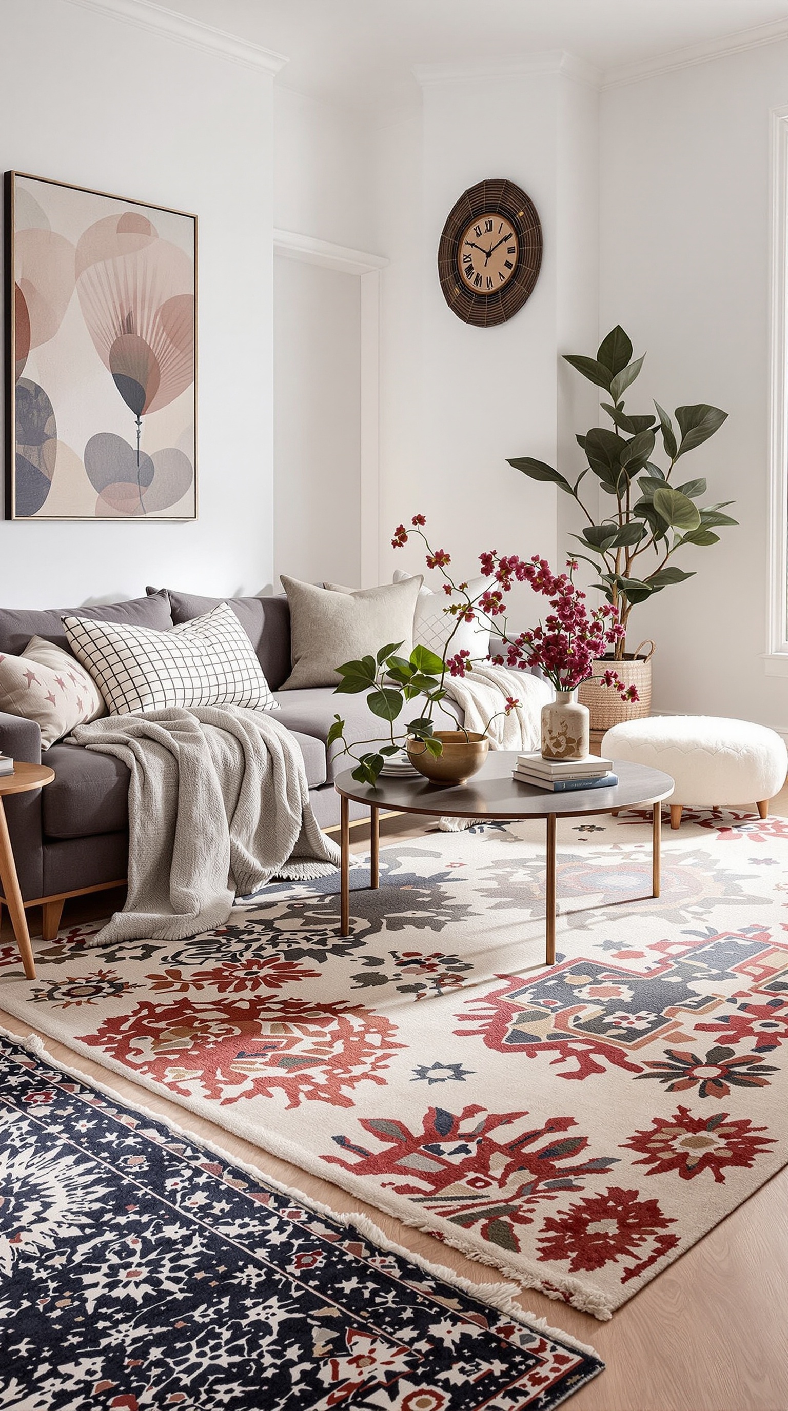 A cozy living room with layered rugs, featuring warm colors and inviting decor.