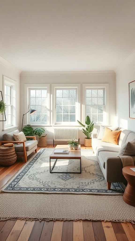 A cozy living room with layered rugs, featuring a light-colored sofa, plants, and large windows.