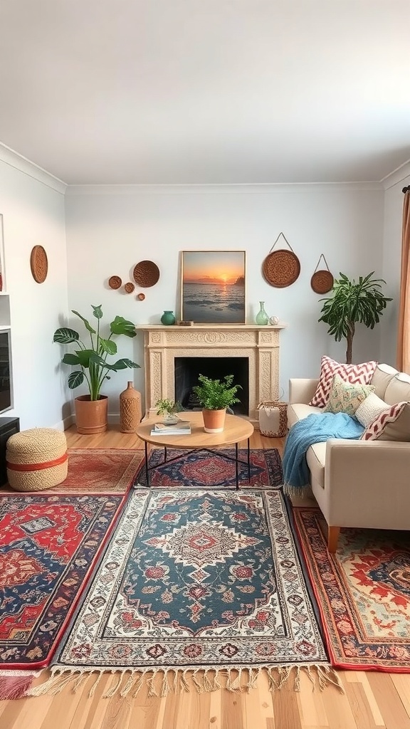 A cozy living room featuring layered rugs in various colors and patterns, with a fireplace and plants.
