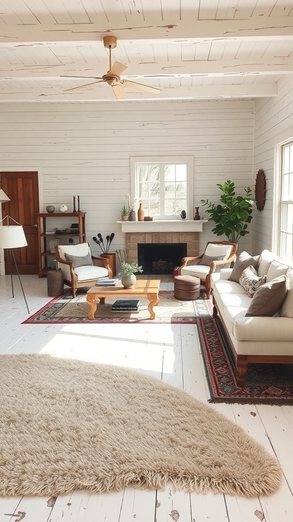 A cozy living room featuring layered rugs, with a shaggy rug on top of a patterned one, creating a warm and inviting atmosphere.
