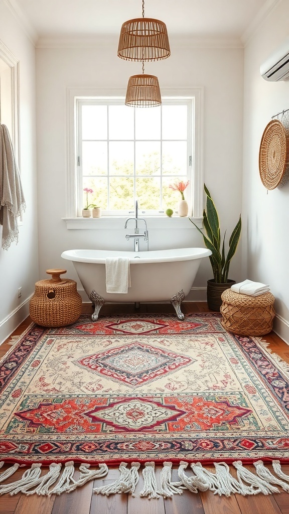 A boho bathroom featuring a layered rug, freestanding bathtub, and natural decor elements.