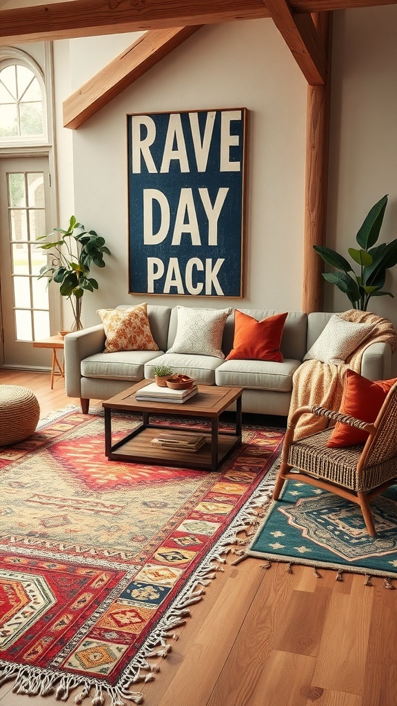 A cozy living room featuring layered rugs with diverse patterns, a comfortable couch, and a wooden coffee table.