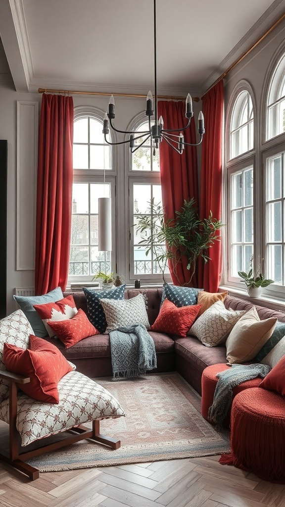 Cozy living room with cherry red curtains, a sectional sofa filled with colorful cushions, and a patterned rug.
