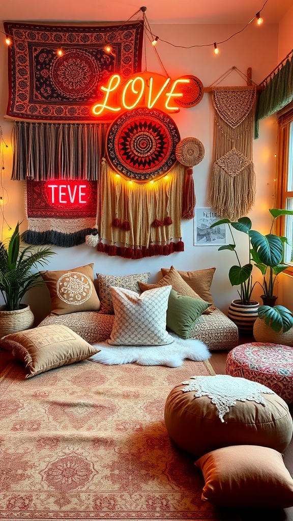 A cozy hippie room with layered textiles, rugs, and colorful wall hangings.