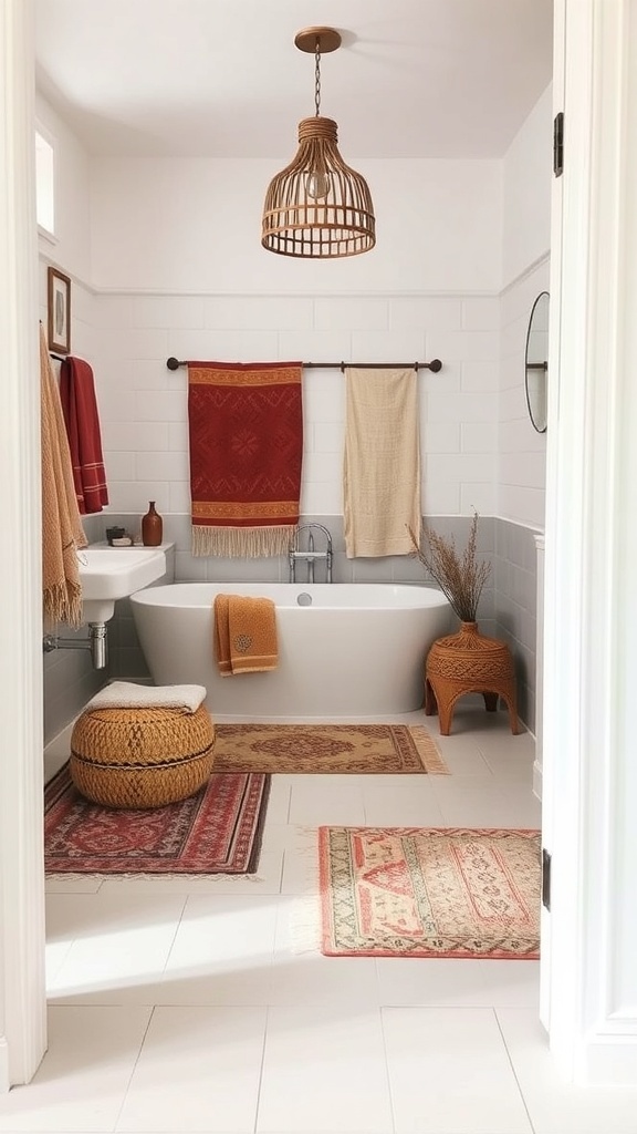 A boho bathroom featuring layered rugs, hanging textiles, and a cozy atmosphere.