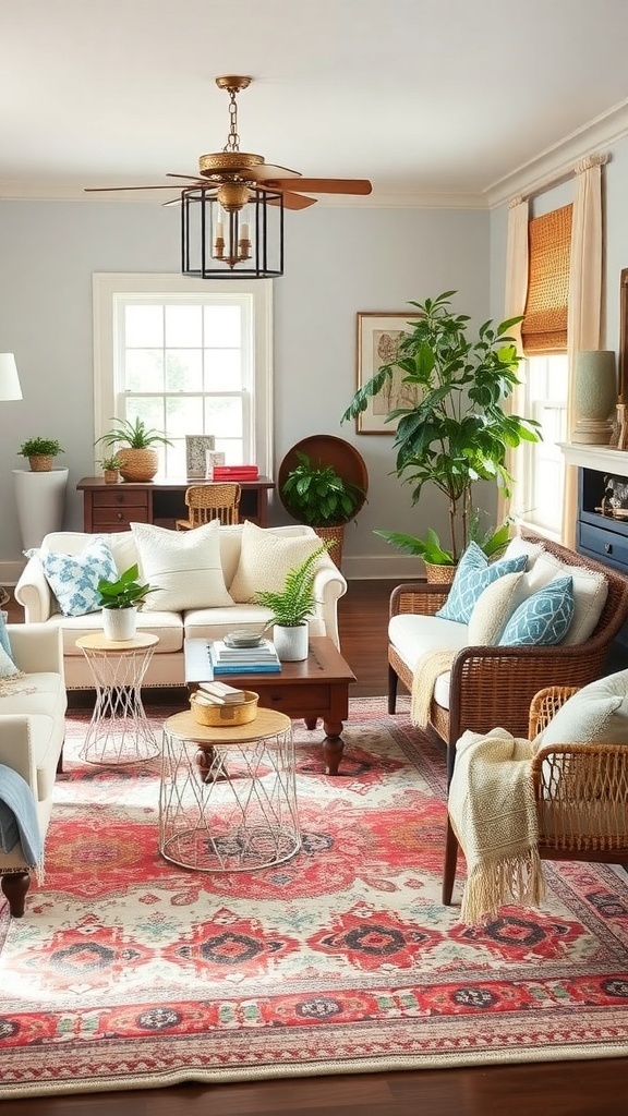 Cozy living room with layered textiles, featuring a light sofa with cushions, a patterned area rug, and large windows.