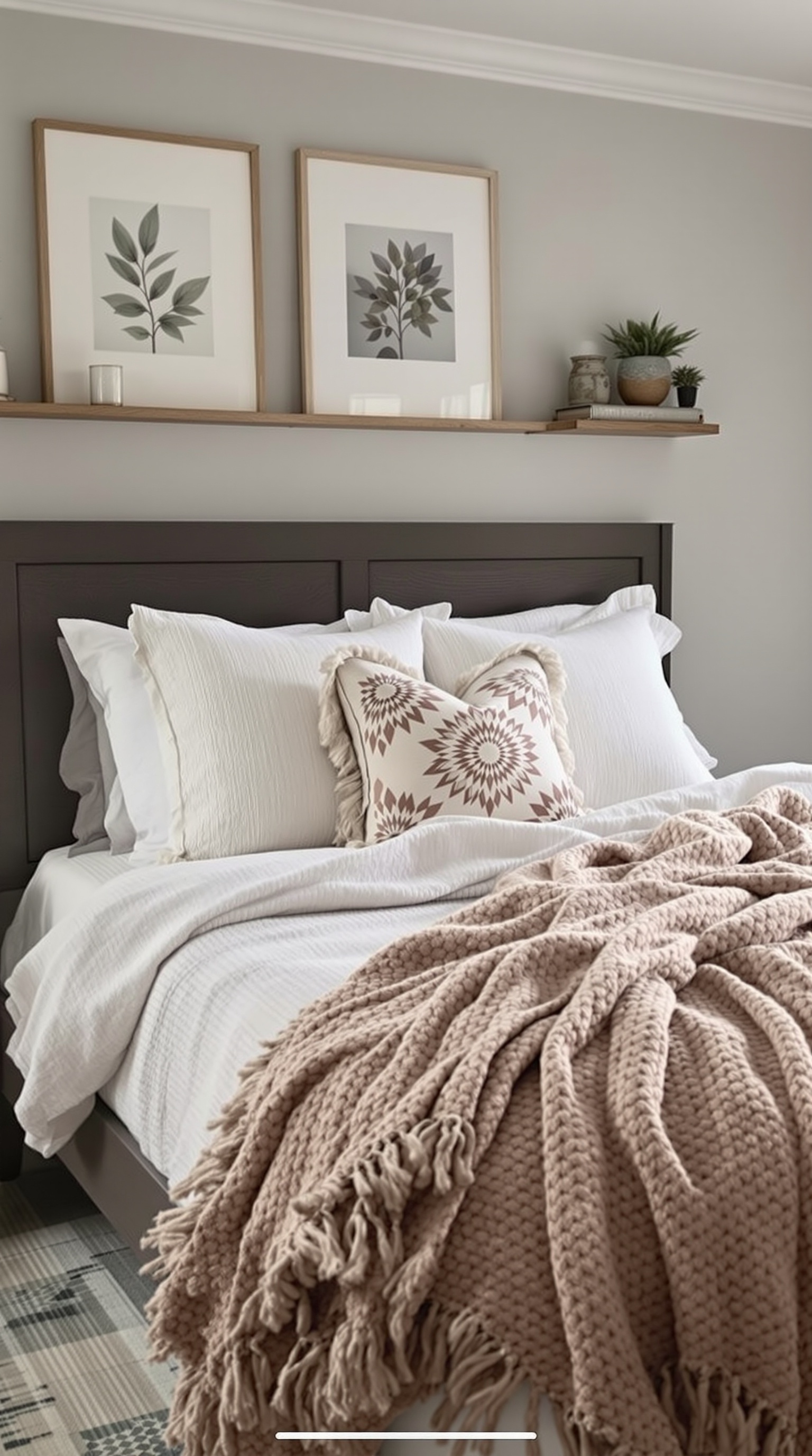 A cozy modern farmhouse bedroom with a focus on a bed, featuring layered textiles in white and beige, large windows with white curtains, and sun rays coming in.