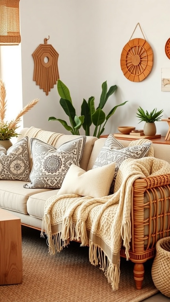 Cozy living room with layered textiles, including patterned pillows and a chunky knit throw on a beige couch, surrounded by plants and wooden decor.