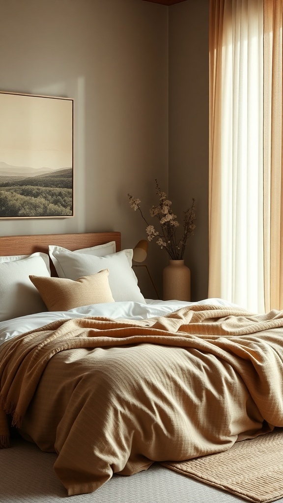 A cozy bedroom with layered textiles, featuring warm-toned blankets and pillows on a bed, complemented by soft curtains and a serene atmosphere.