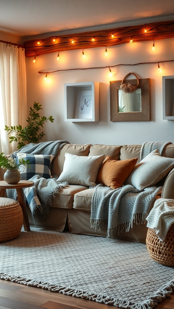 A cozy living room with layered textiles including throws, pillows, and a rug.