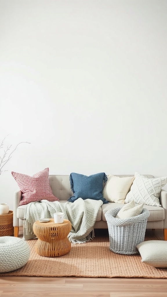 A cozy living room with layered textiles including pillows and blankets on a sofa.