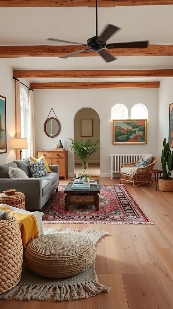 A cozy boho living room featuring layered textiles, including throw blankets, decorative pillows, and a woven pouf.