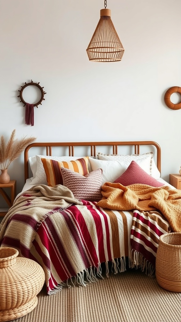 Cozy bedroom with layered textiles including blankets and pillows.