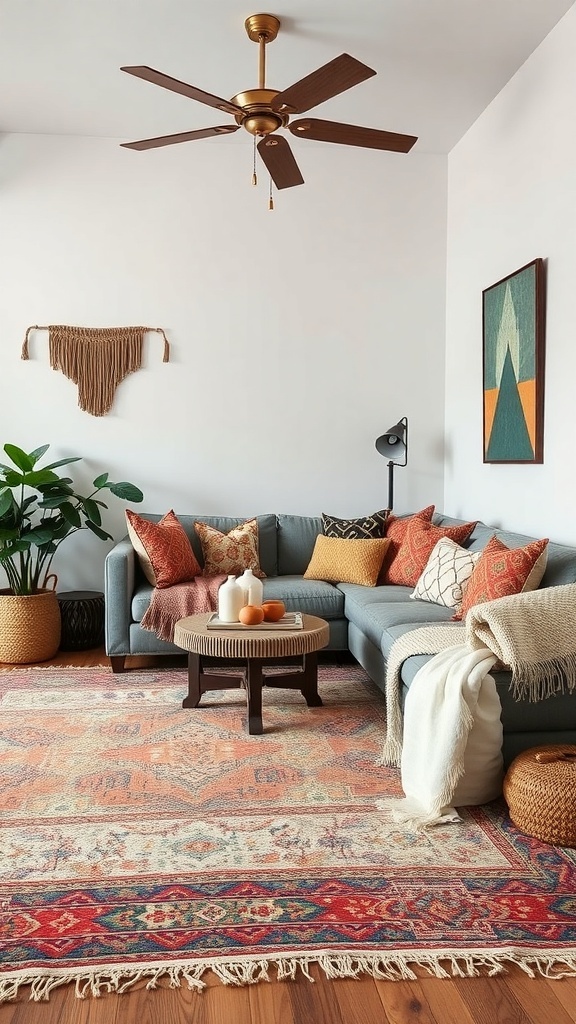 A cozy boho living room with layered textiles, including a sectional sofa with colorful cushions, a patterned rug, and indoor plants.