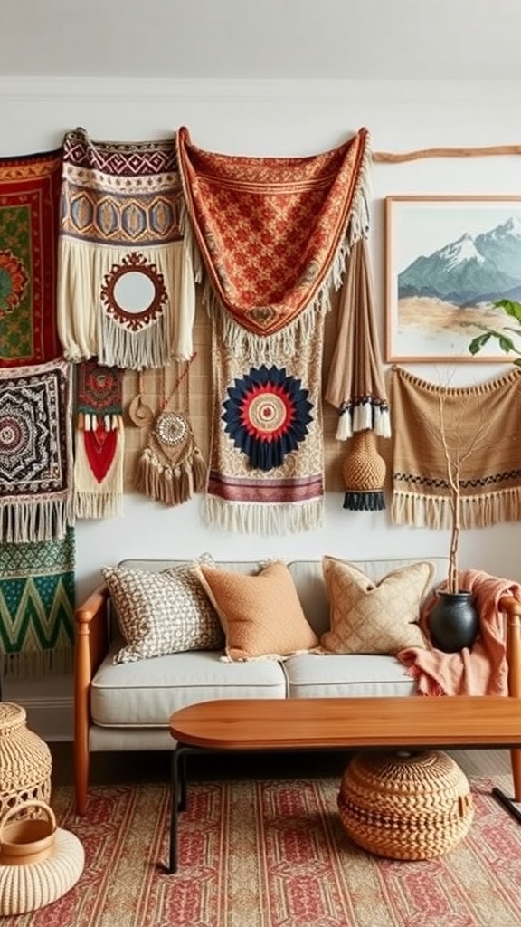 A cozy living room featuring layered textiles on the wall, including woven wall hangings and colorful cushions.