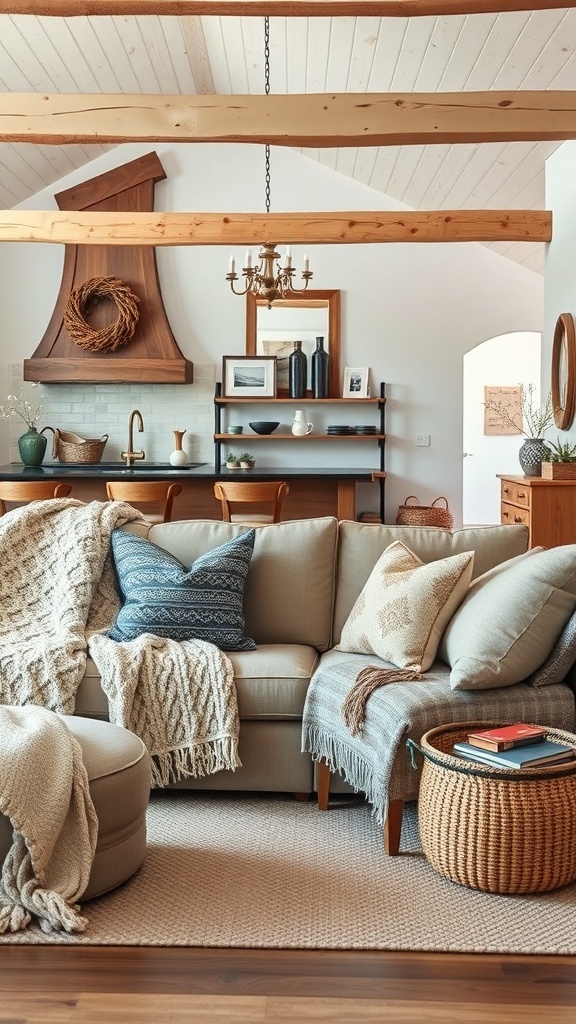 Cozy rustic farmhouse living room with layered textiles on a sectional sofa.