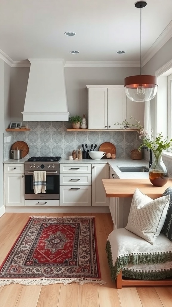 A Scandinavian kitchen featuring a beautiful area rug, soft throw pillows, and light cabinetry.