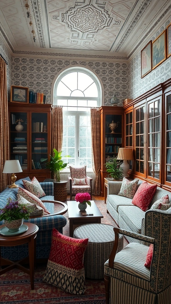 Cozy seating area with layered textiles and various patterns on cushions and furniture.