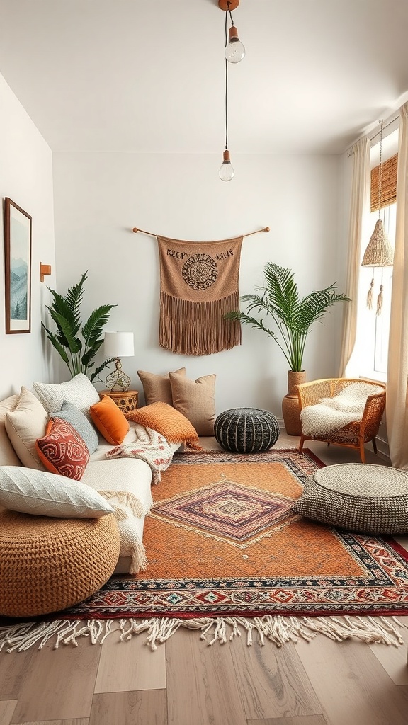 Cozy living room with layered textiles including a vibrant rug, cushions, and plants.