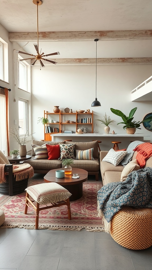 A cozy living room featuring layered textiles with colorful cushions, a patterned rug, and a soft knit blanket.