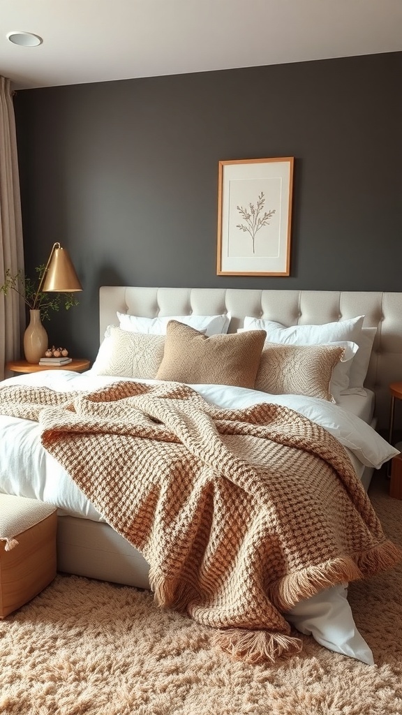 A cozy bedroom with layered textures, featuring a bed with various pillows and blankets, a fluffy pouf, and a patterned rug.