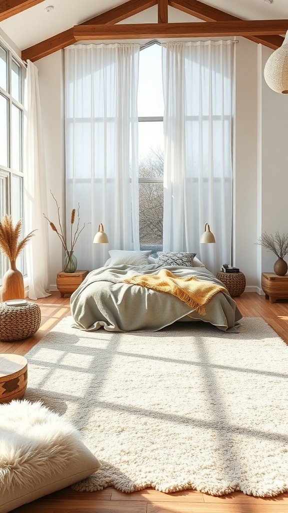 A beautifully designed bedroom featuring layered textures with a cozy rug, soft bedding, and natural elements.