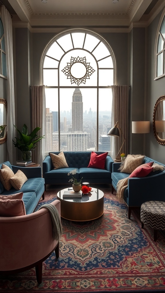 A stylish living room featuring blue sofas, a pink armchair, and a geometric window design, with a view of the city skyline.