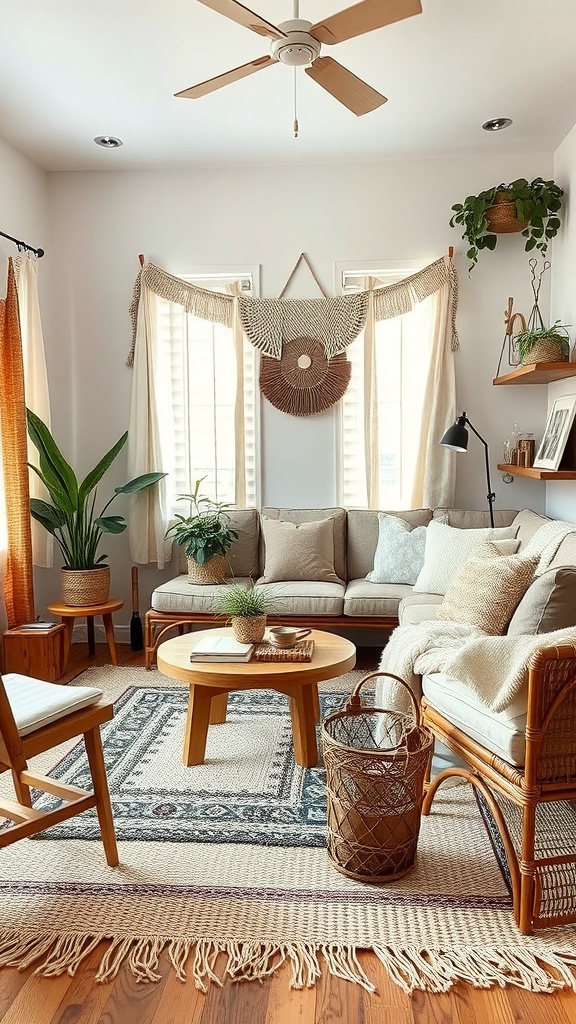 A cozy living room featuring layered textures, natural materials, and boho chic decor.