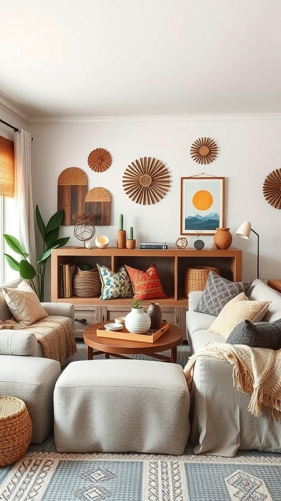 A cozy boho living room featuring layered textures and patterns with neutral furniture, colorful throw pillows, and wooden wall decor.