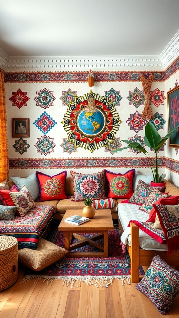A cozy living room with vibrant patterned walls, colorful cushions, and a wooden coffee table.