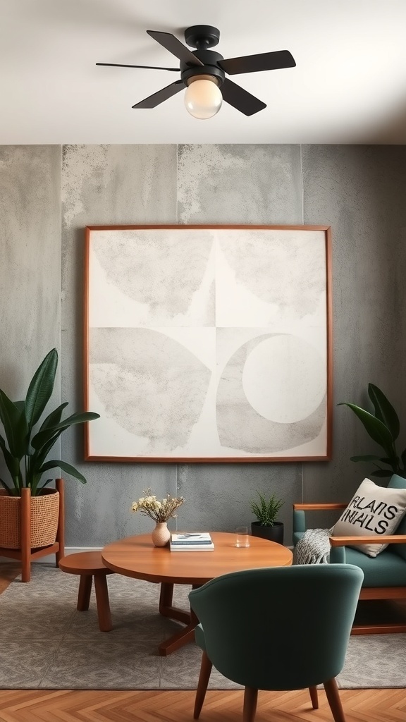 A modern living room featuring layered textures on the wall, a large abstract artwork, and stylish furniture.
