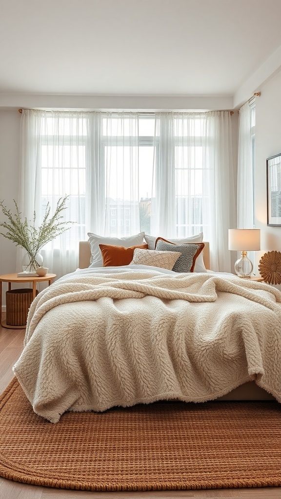 Cozy bedroom with layered textures, fluffy blanket, pillows, and natural light.