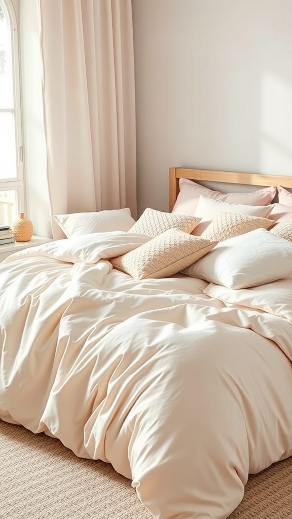 A cozy bed with layered textures, featuring a soft duvet and various pillows in neutral tones.