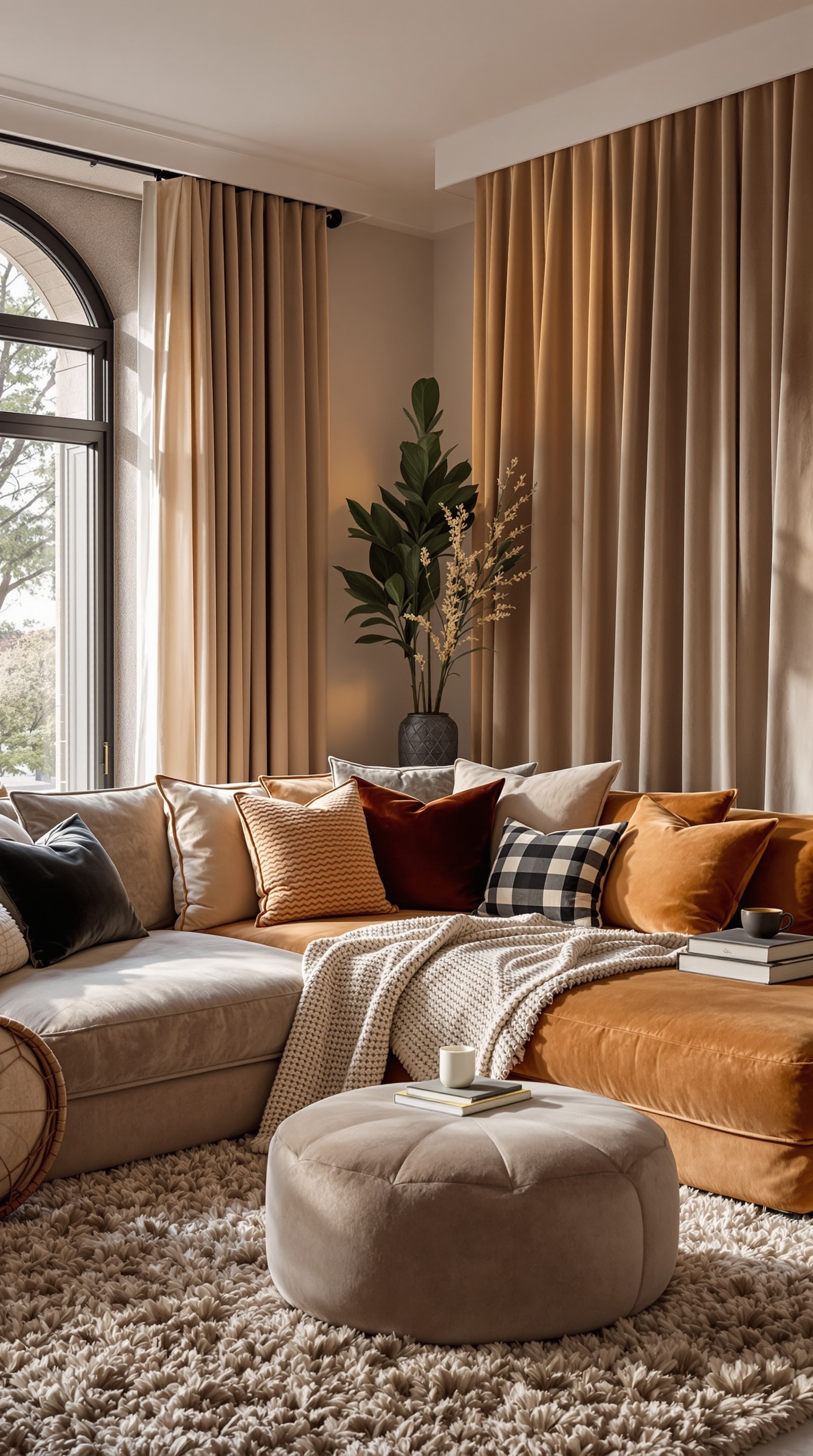 Helles Wohnzimmer mit beigen Sofas, einem runden Couchtisch und einem flauschigen Teppich.
