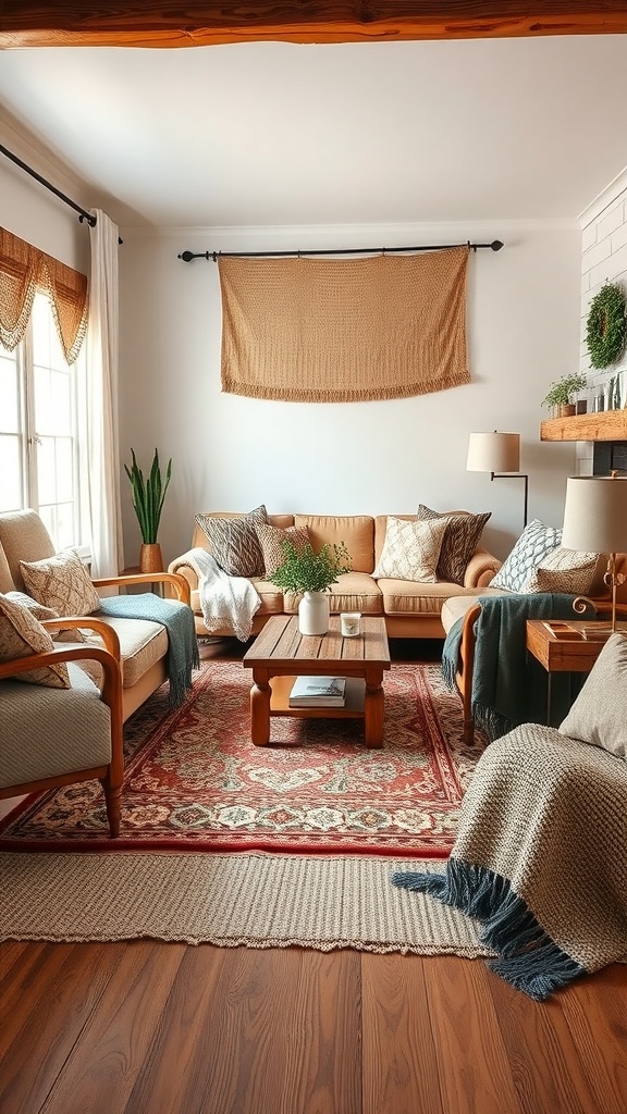 A cozy living room featuring layered textures with a neutral color palette, patterned pillows, a chunky knit blanket, and a wooden coffee table.