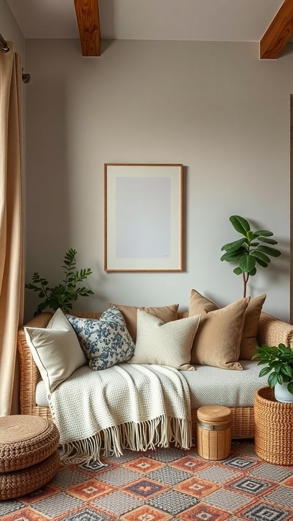Cozy living area with layered textures including a woven sofa, knitted throw, and patterned pillows.