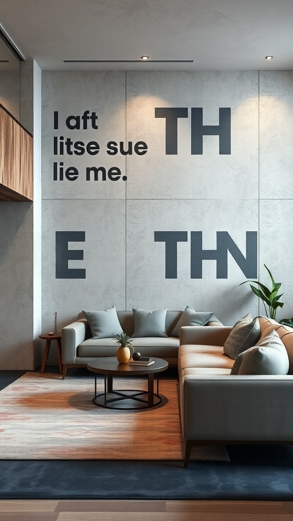 Modern living room with a textured wall featuring bold text and minimalist furniture.