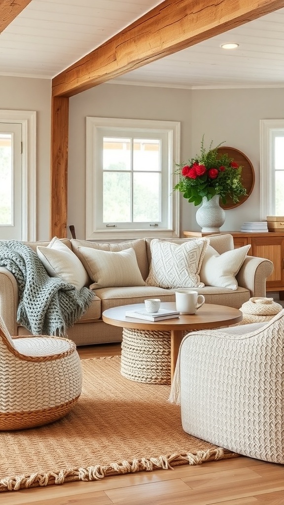 A cozy farmhouse living room with a soft sofa, layered textures, and natural light.