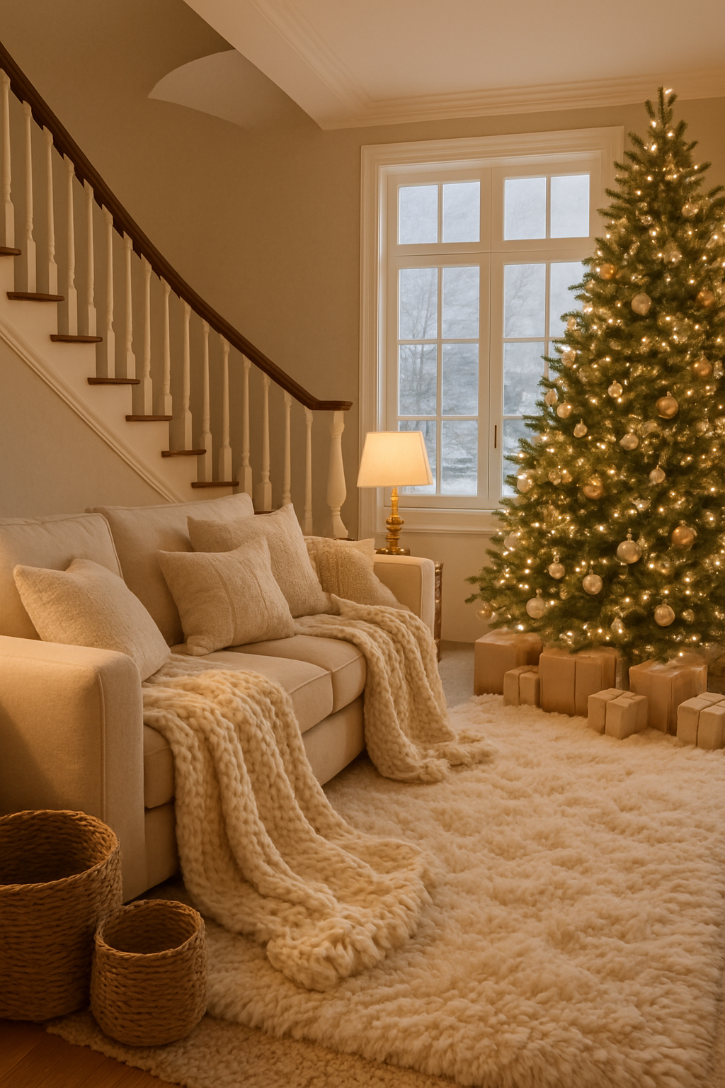 Cozy living room with a Christmas tree, plush couch, and layered textures.