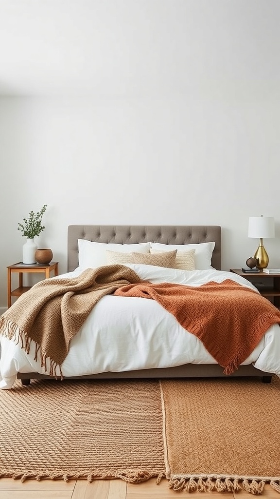 A cozy bedroom featuring layered textures with a white bedspread, knitted throws in earthy tones, and woven rugs.