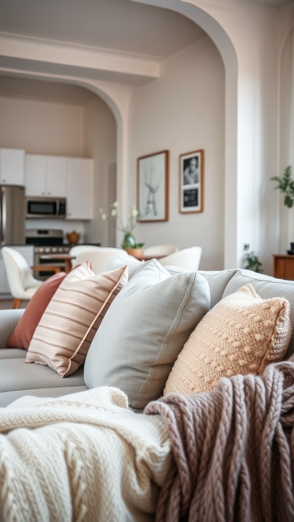 A cozy living room with layered textures, featuring soft pillows and a chunky knit throw on a sofa.