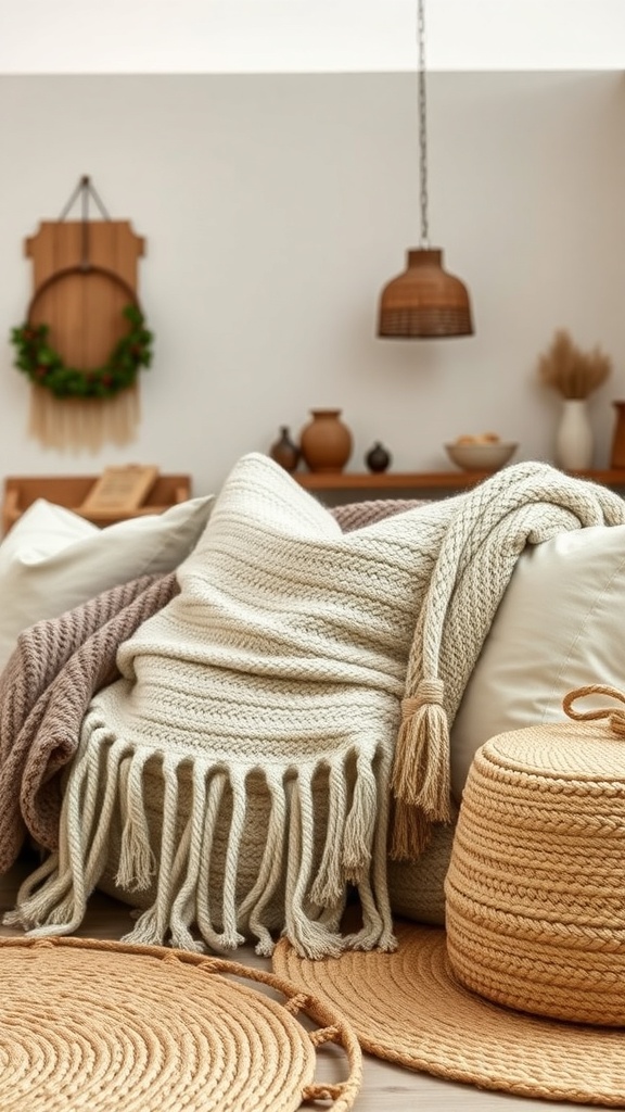 A cozy living space featuring layered textures with knitted blankets, woven baskets, and natural decor.