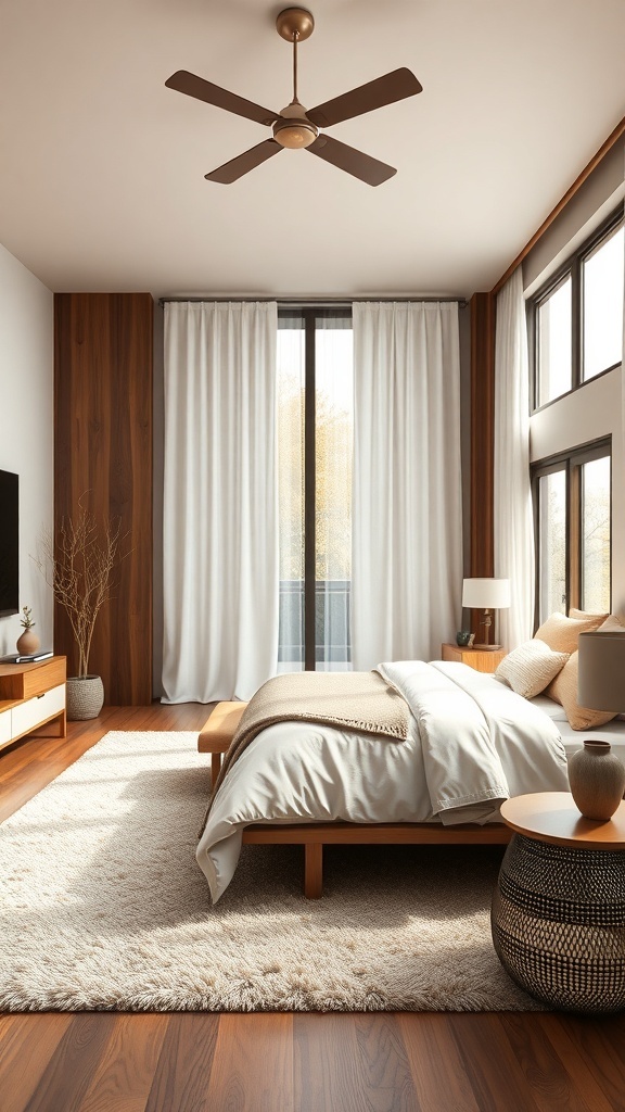 A cozy Japandi bedroom with layered textures, featuring a plush rug, soft bedding, and wooden accents.