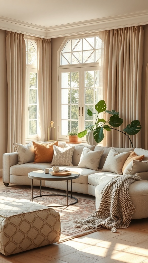 A cozy Art Deco living room featuring layered textures with a neutral color palette, plush sofa, decorative pillows, and natural light.