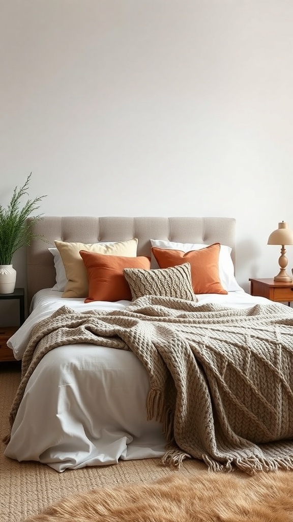 A cozy bedroom featuring layered textures with a knitted blanket, decorative pillows, and a soft rug.
