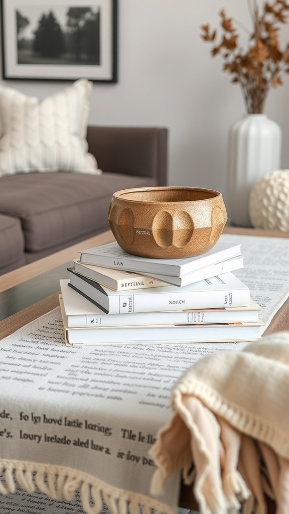 A coffee table arrangement featuring stacked books, a wooden bowl, and a soft throw blanket, creating a cozy and inviting atmosphere.