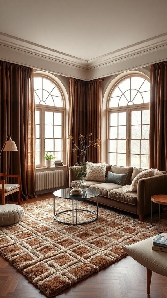 A cozy living room featuring chocolate brown textures with a plush rug, brown sofa, and warm curtains.