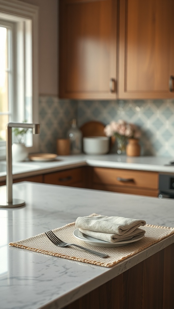 Stylish kitchen countertop with layered textures featuring napkins, plates, and a woven placemat.